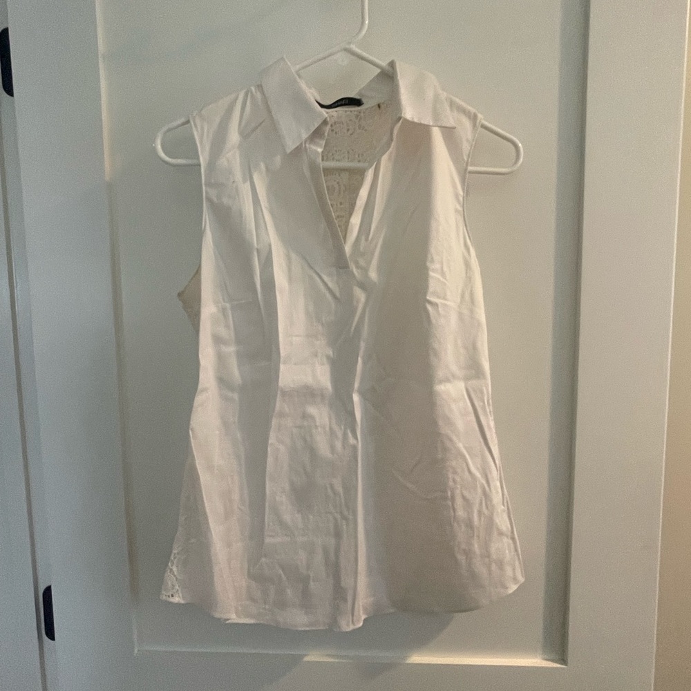 Tahari White Lace Back Collared Top